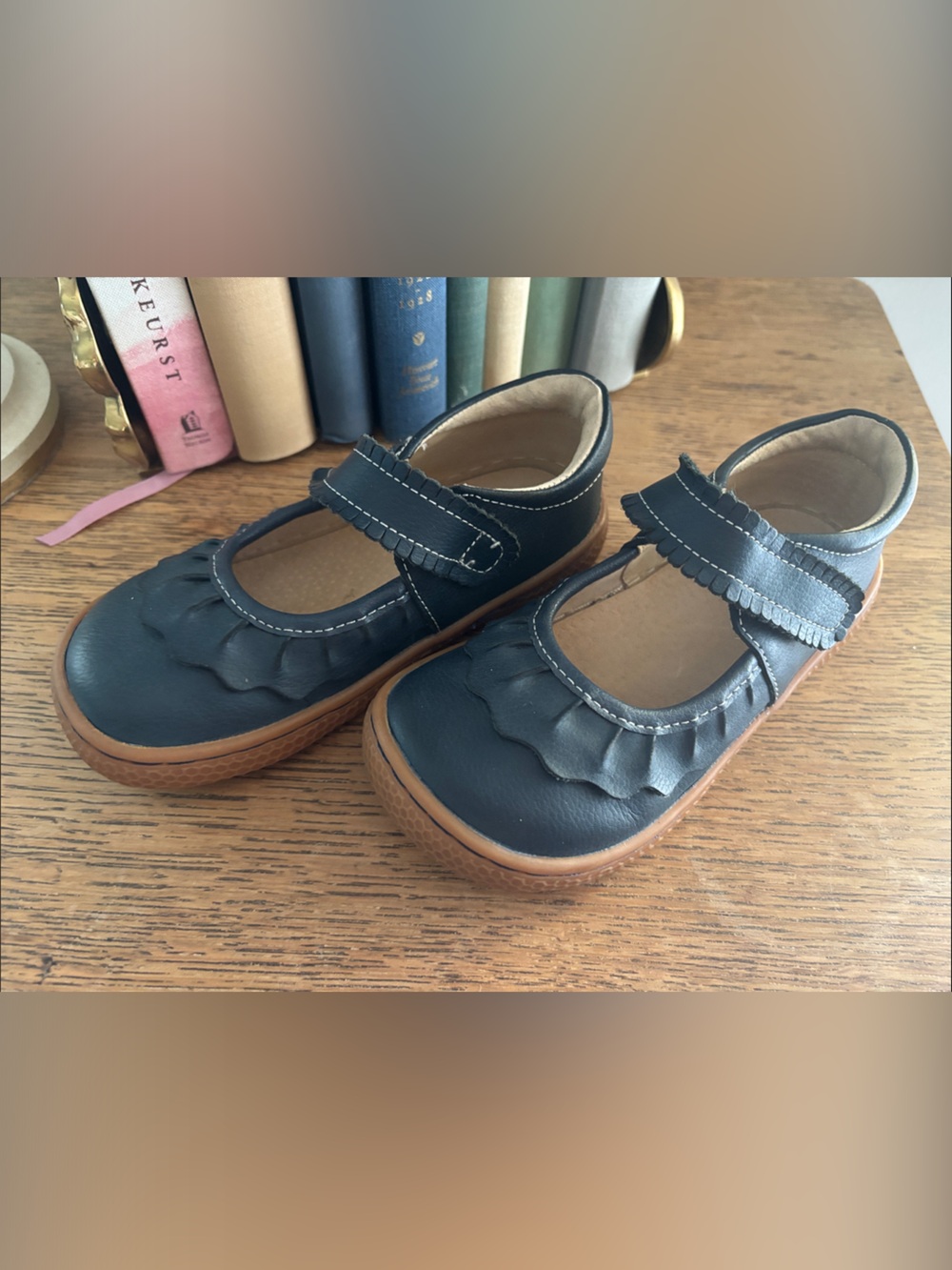 Livie & Luca Navy Mary Jane Ruffle Trim Leather Shoes EUC